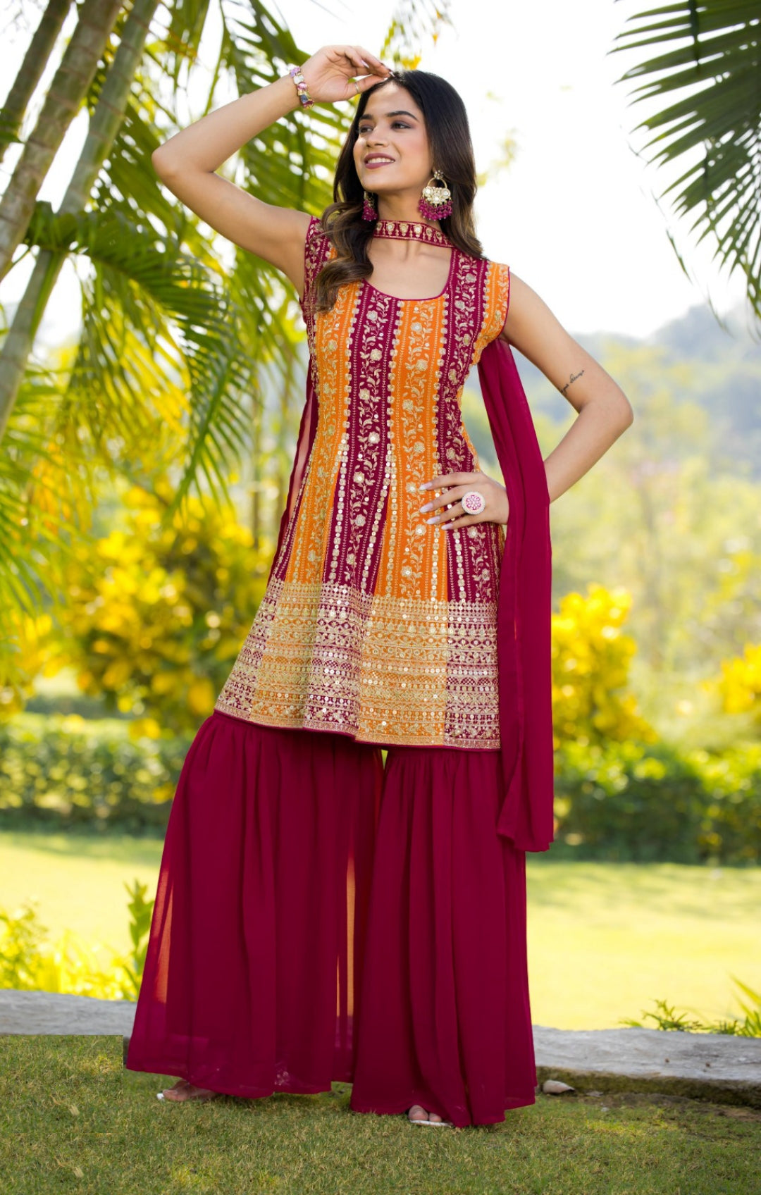 Women Orange And Wine Georgette With Sequins Embroidery Work Gharara Bottom Suit Set
