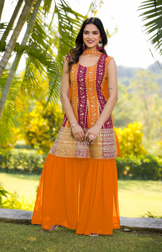 Women Orange Georgette With Sequins Embroidery Work Gharara Bottom Suit Set