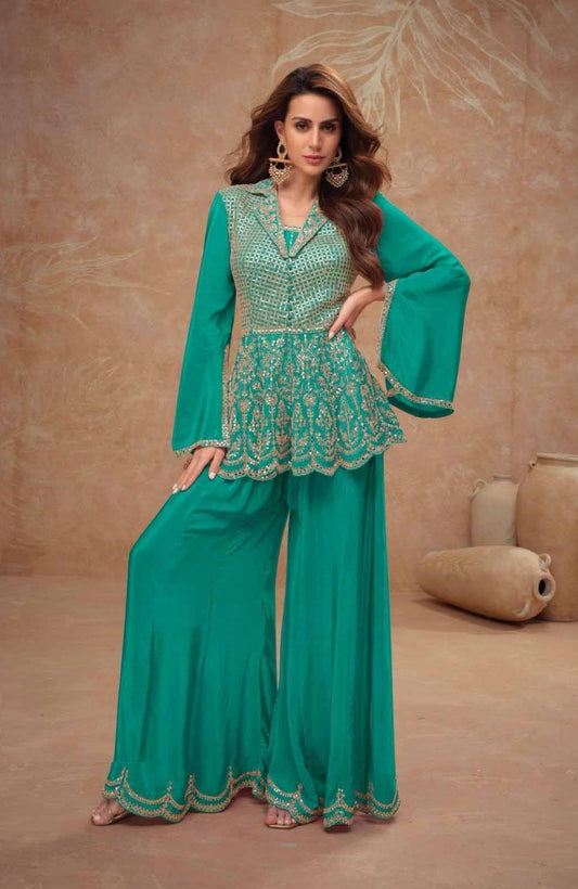 Tailored-To-Perfection Rama Green Chinon Indo Western Dress