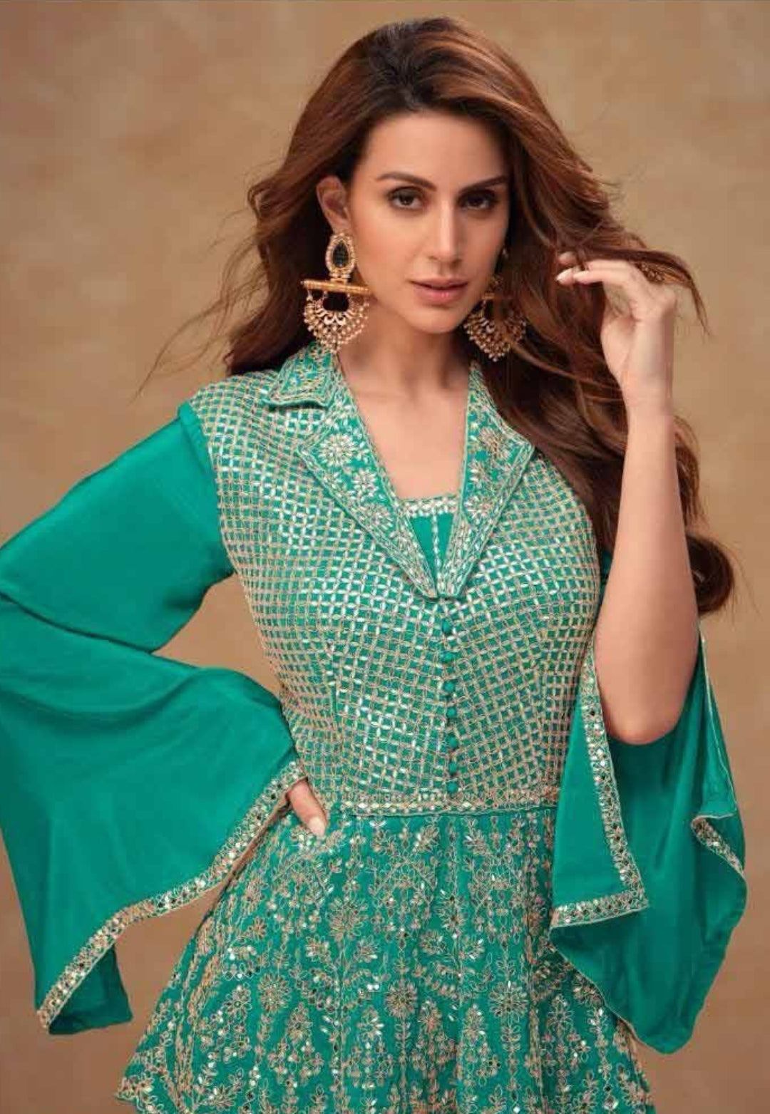 Tailored-To-Perfection Rama Green Chinon Indo Western Dress