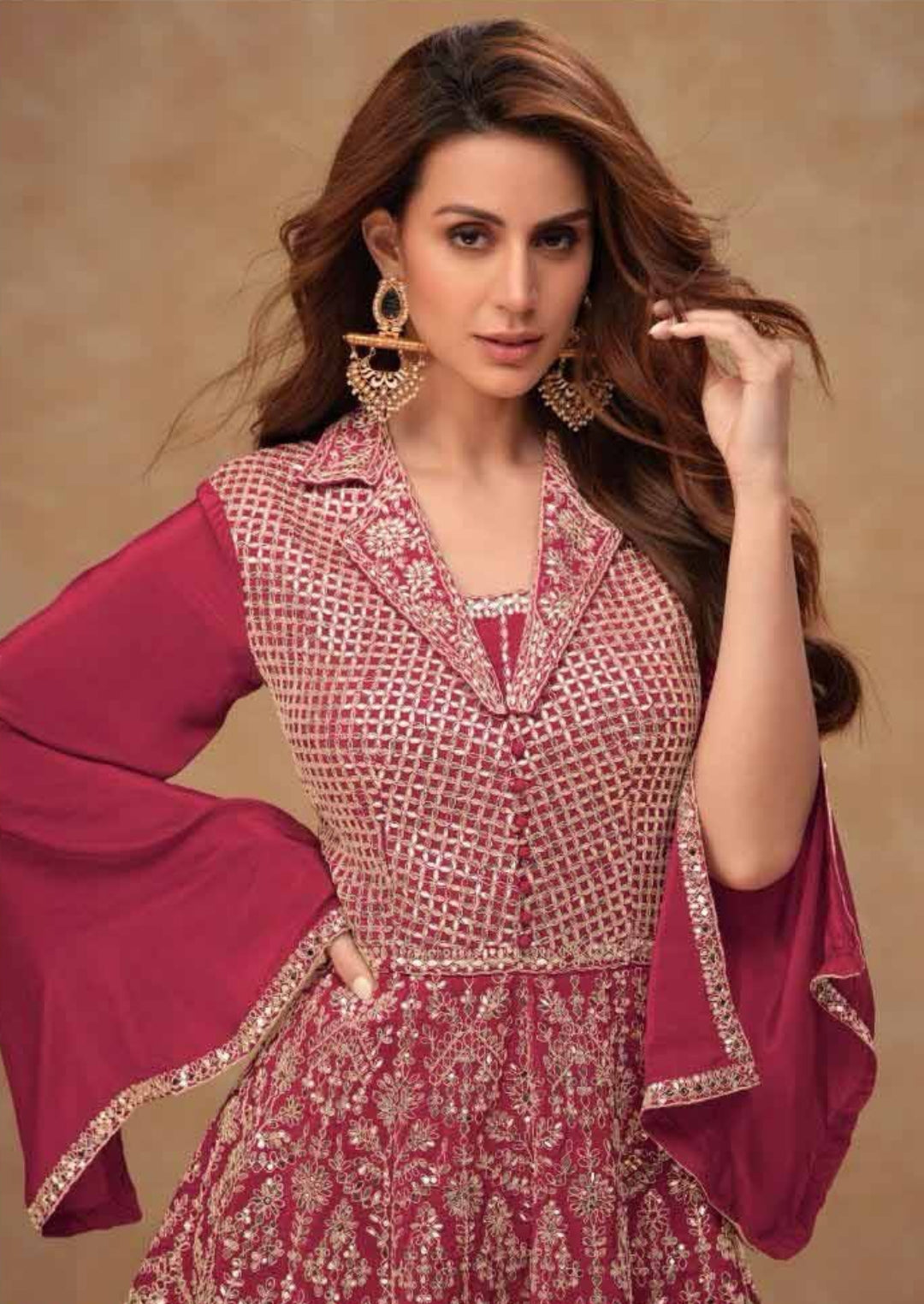 Lustrous Pink Chinon Indo Western Dress