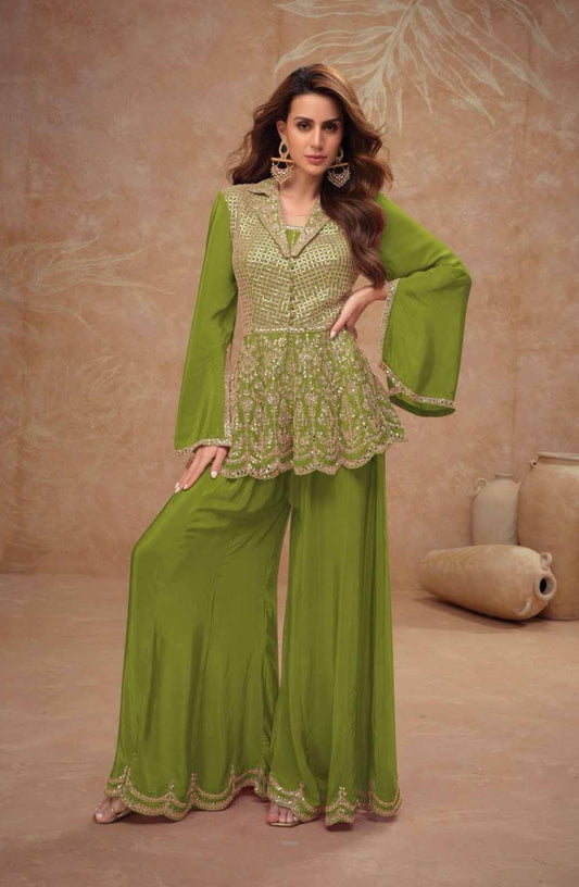 Avant-Garde Green Chinon Indo Western Dress