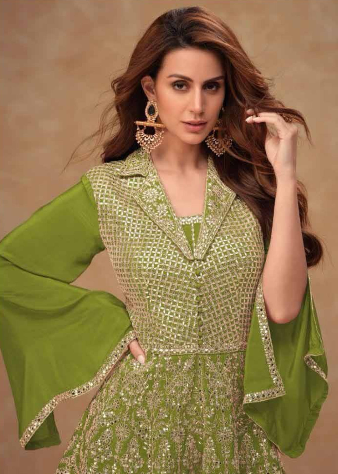 Avant-Garde Green Chinon Indo Western Dress