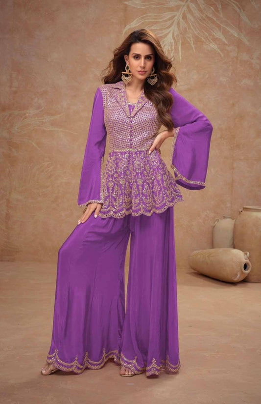 Amazing Purple Chinon Indo Western Dress