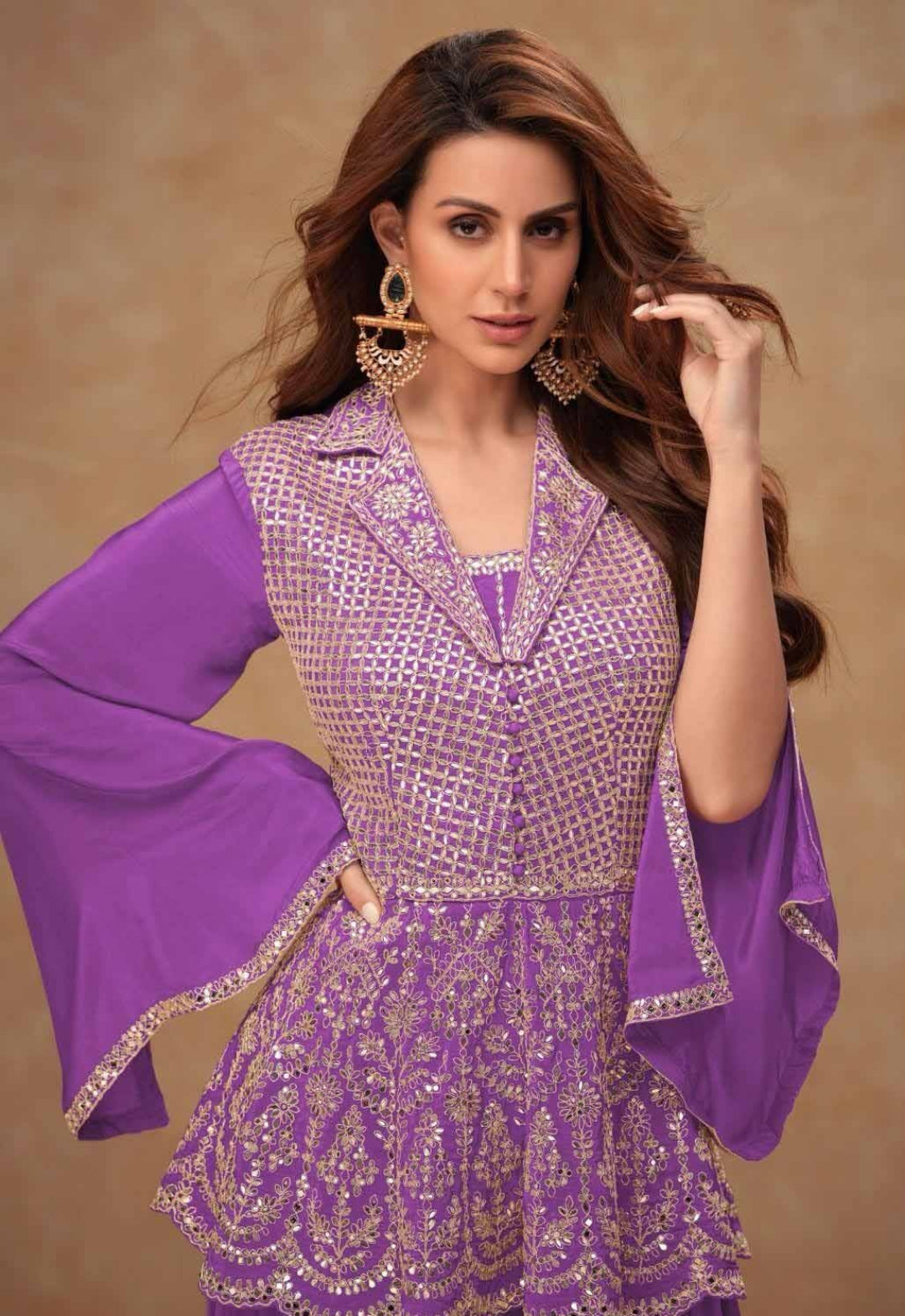 Amazing Purple Chinon Indo Western Dress