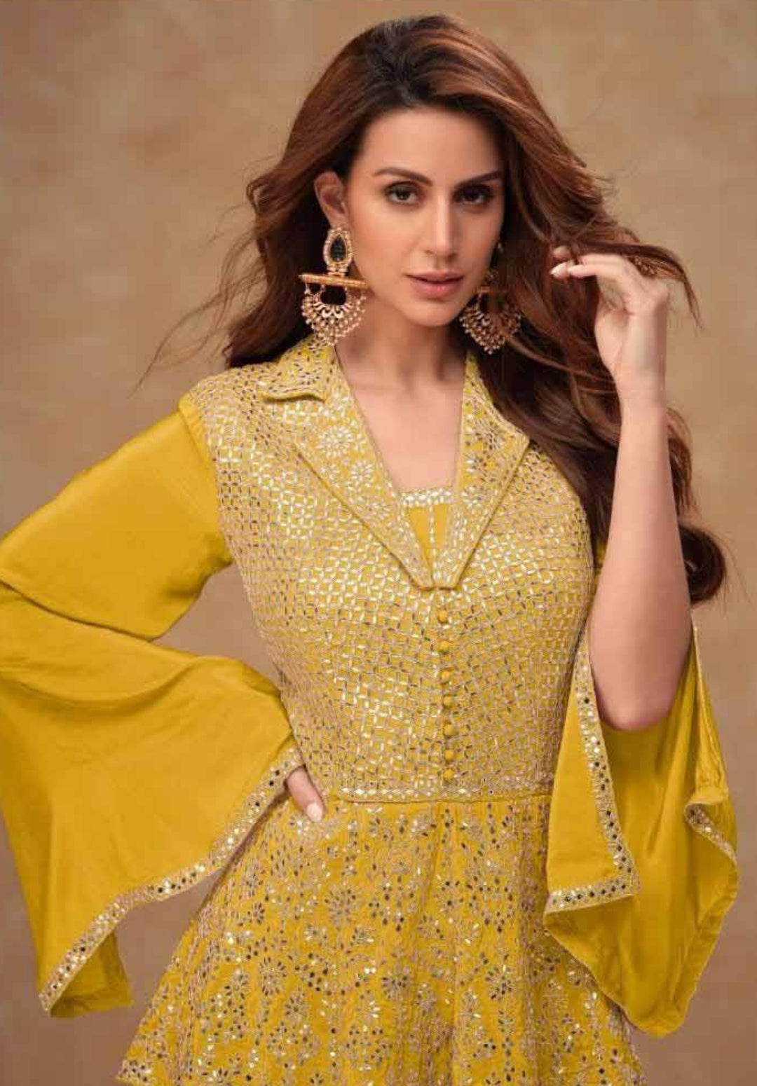 Beautiful Mustard Chinon Indo Western Dress