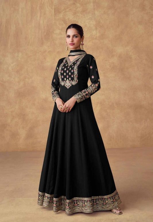 Iconic Black Chinon Silk Gown With Dupatta
