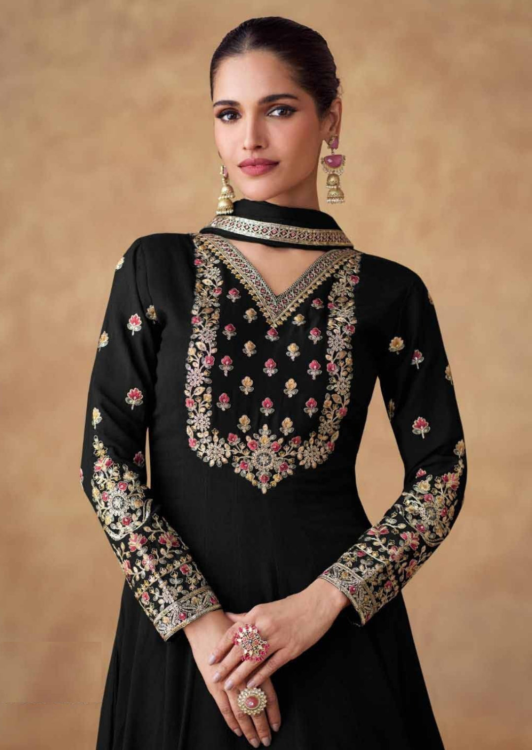Iconic Black Chinon Silk Gown With Dupatta