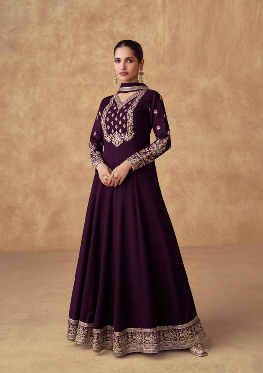 Sumptuous Purple Chinon Silk Gown With Dupatta