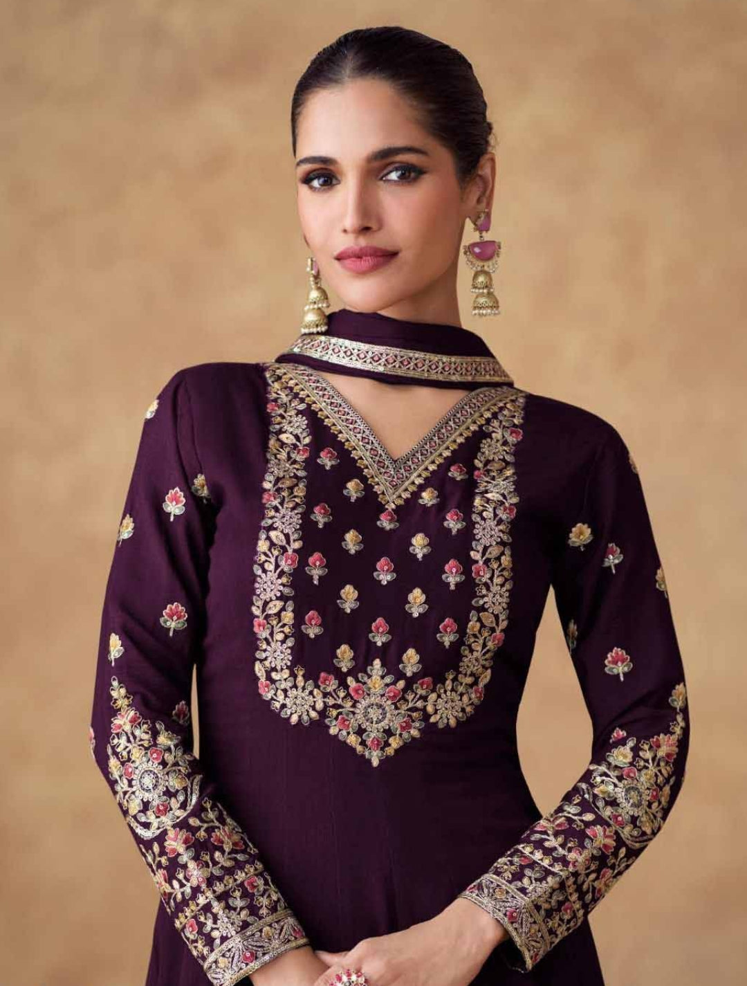 Sumptuous Purple Chinon Silk Gown With Dupatta