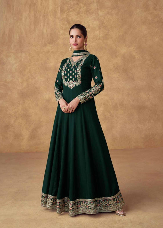 Statement-Making Green Chinon Silk Gown With Dupatta