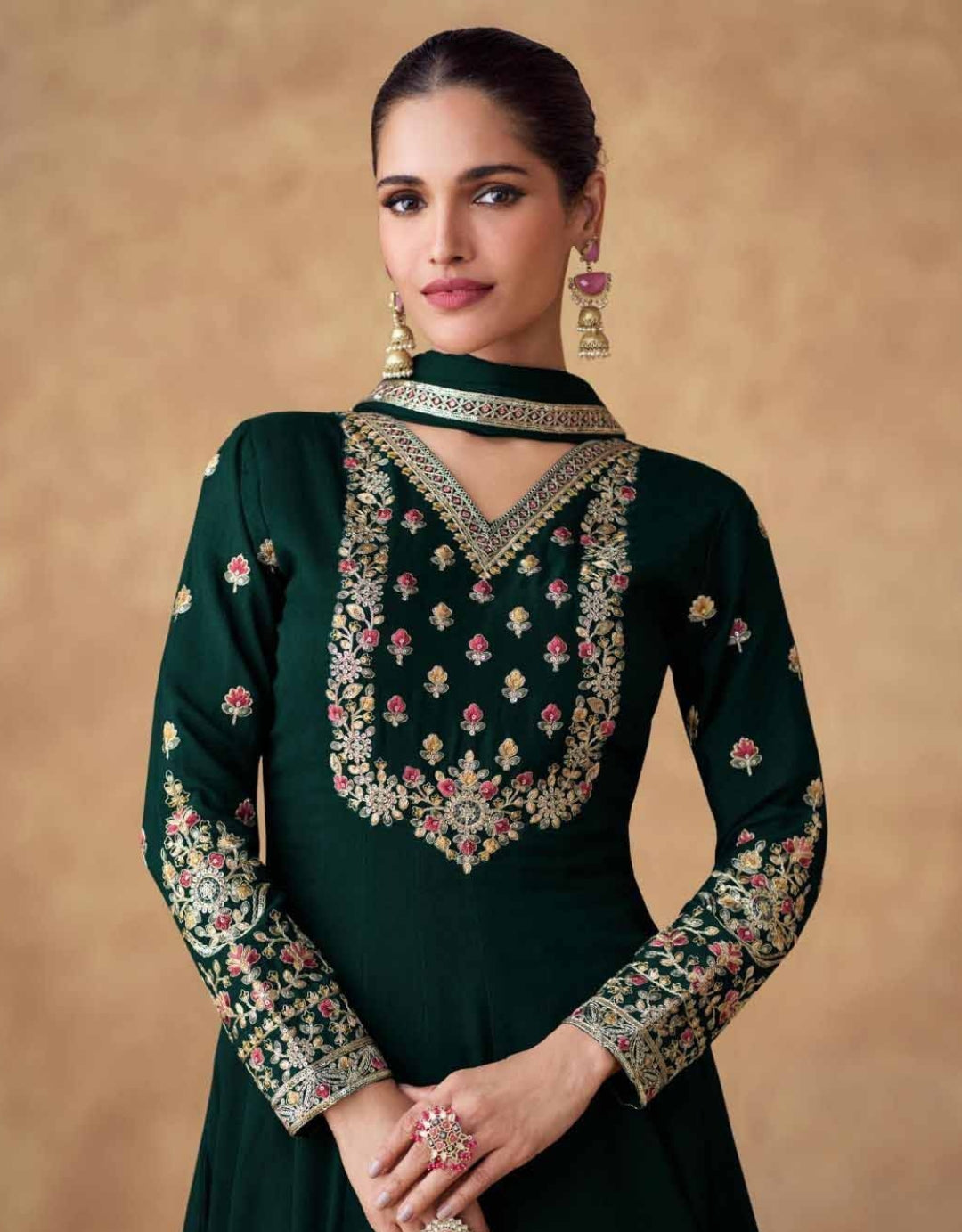 Statement-Making Green Chinon Silk Gown With Dupatta