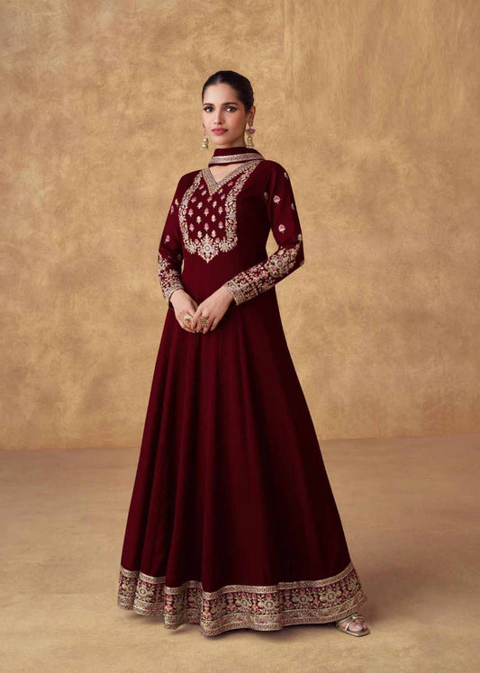 Couture Maroon Chinon Silk Gown With Dupatta