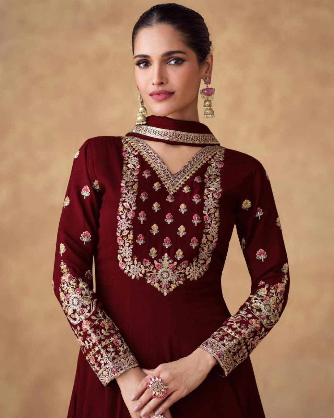 Couture Maroon Chinon Silk Gown With Dupatta