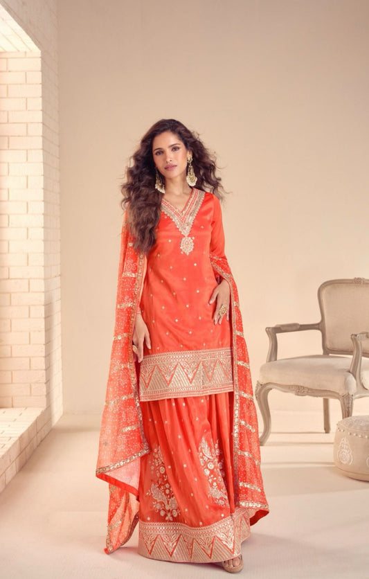 Vivid Orange Shimmer Silk Sharara Bottom Suit Set
