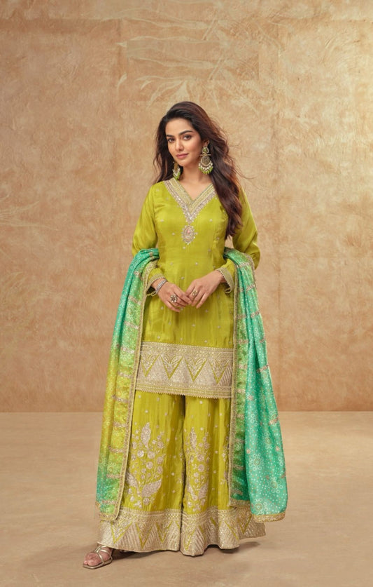 Sculpted Green Shimmer Silk Sharara Bottom Suit Set