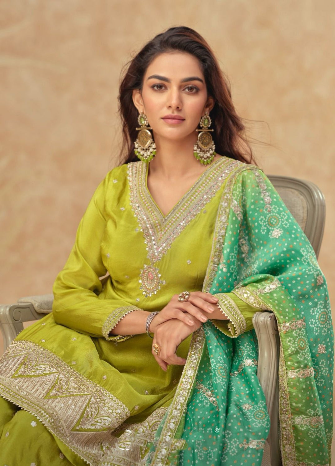 Sculpted Green Shimmer Silk Sharara Bottom Suit Set