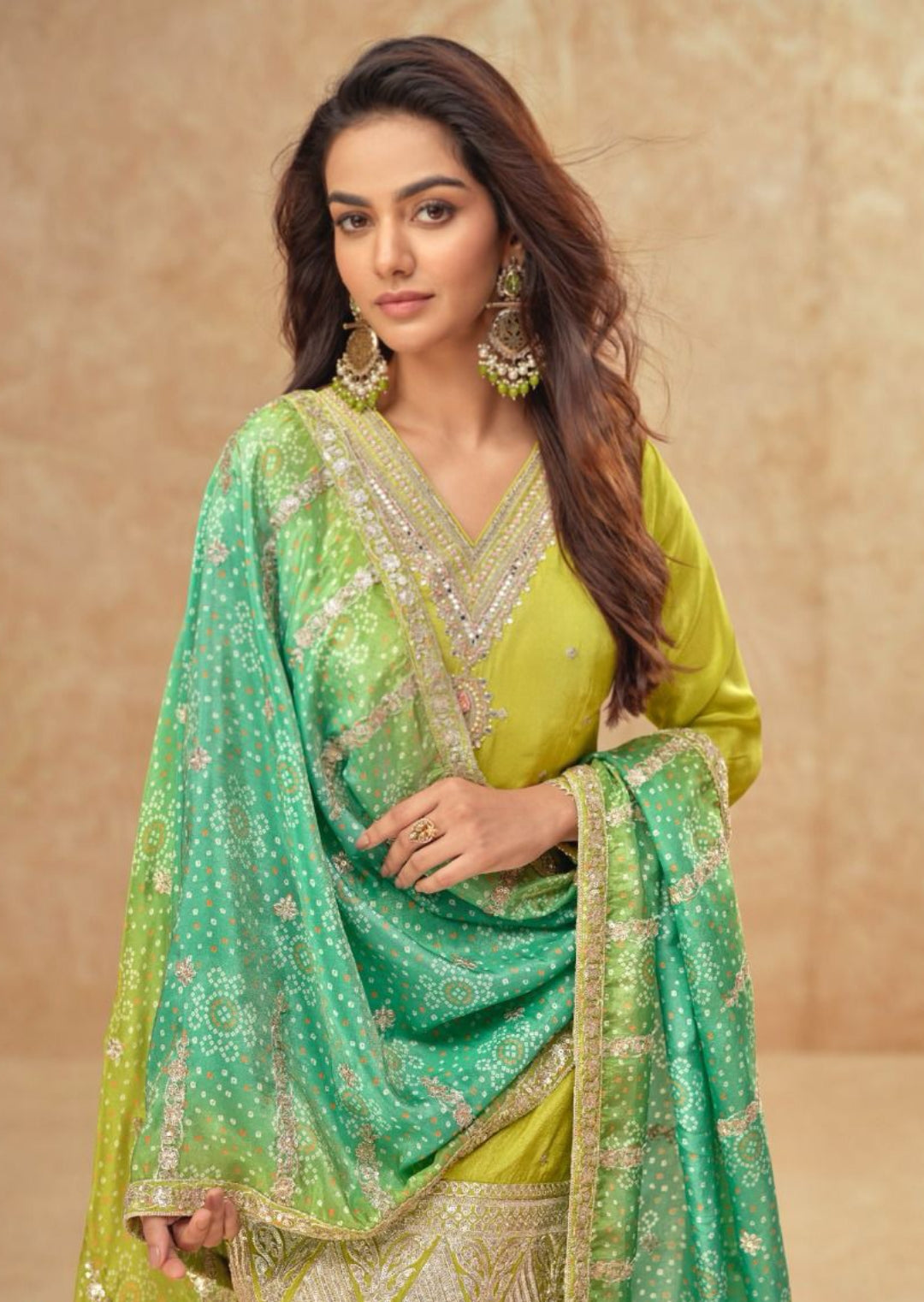 Sculpted Green Shimmer Silk Sharara Bottom Suit Set