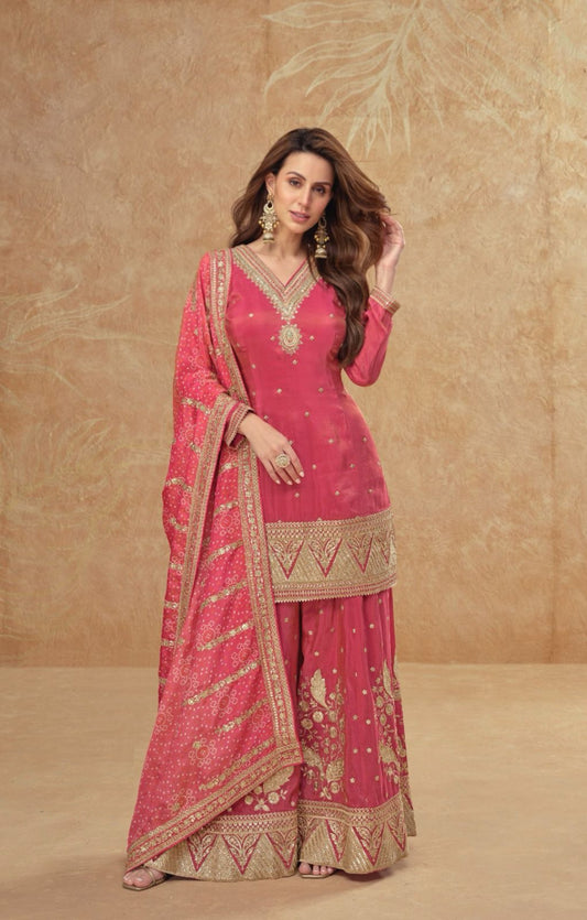 Enchanting Pink Shimmer Silk Sharara Bottom Suit Set