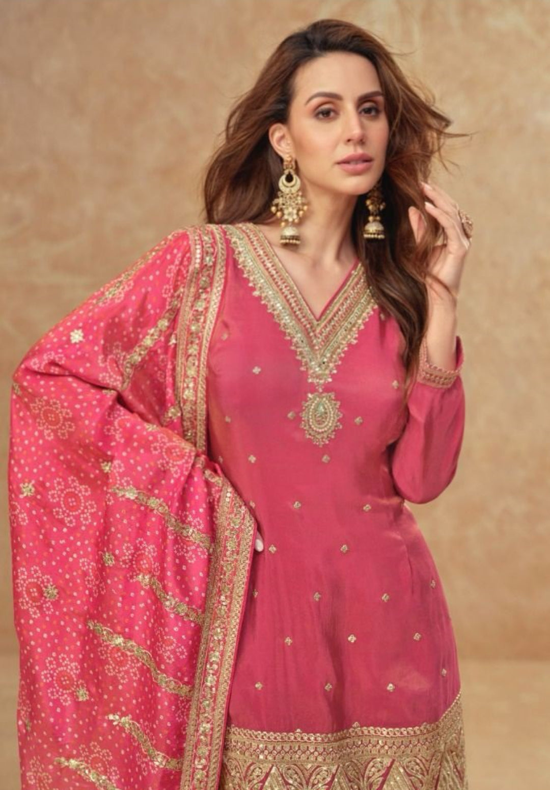 Enchanting Pink Shimmer Silk Sharara Bottom Suit Set