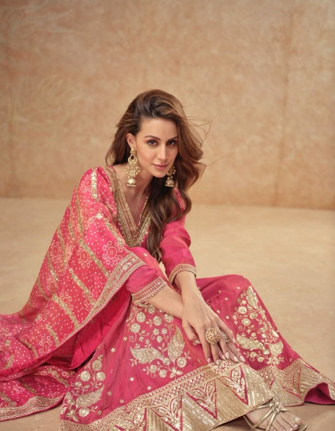 Enchanting Pink Shimmer Silk Sharara Bottom Suit Set