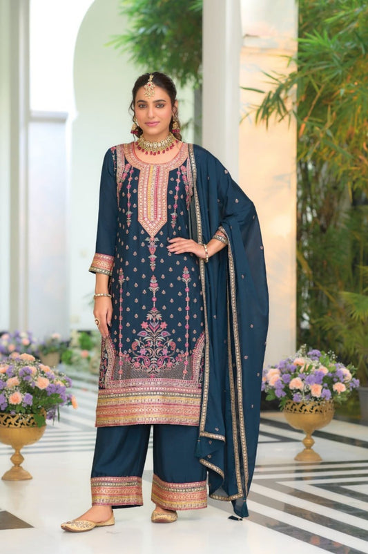 Women Dark Teal Chinon With Embroidery Work Pant Bottom Suit Set