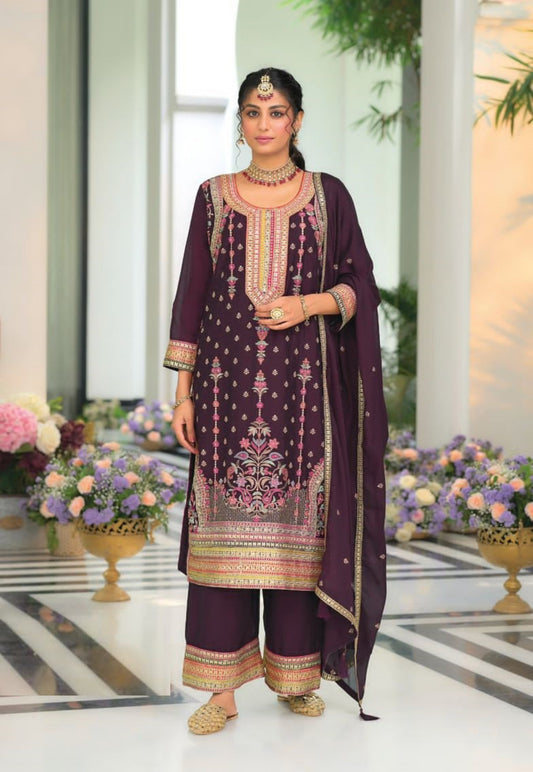 Women Burgundy Chinon With Embroidery Work Pant Bottom Suit Set