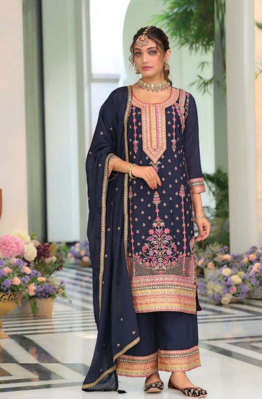 Women Dark Blue Chinon With Embroidery Work Pant Bottom Suit Set