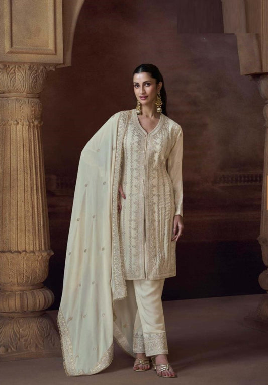 Contemporary Off White Chinon Silk With Embroidery Work Pant Bottom Suit Set