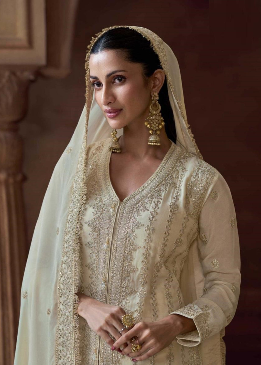 Contemporary Off White Chinon Silk With Embroidery Work Pant Bottom Suit Set