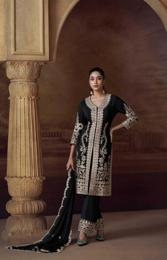 Understated Black Chinon Silk With Embroidery Work Pant Bottom Suit Set