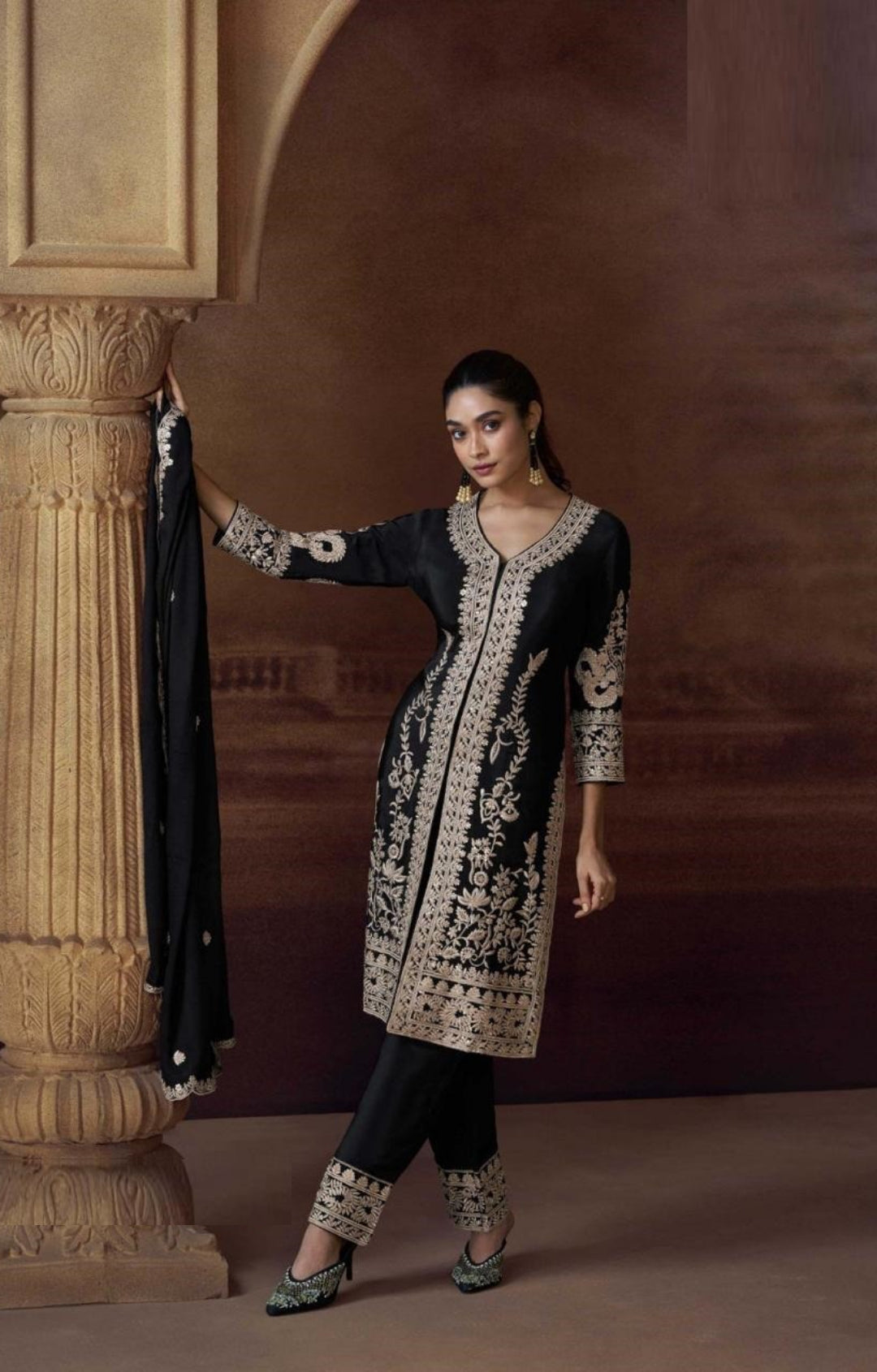 Understated Black Chinon Silk With Embroidery Work Pant Bottom Suit Set