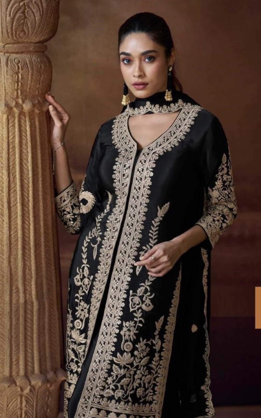 Understated Black Chinon Silk With Embroidery Work Pant Bottom Suit Set