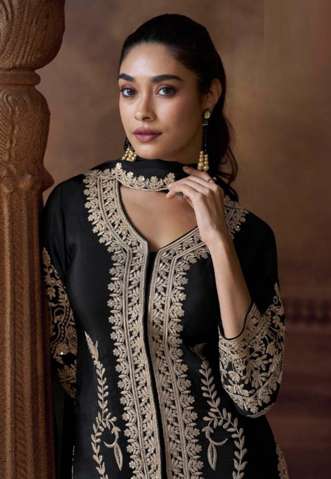Understated Black Chinon Silk With Embroidery Work Pant Bottom Suit Set