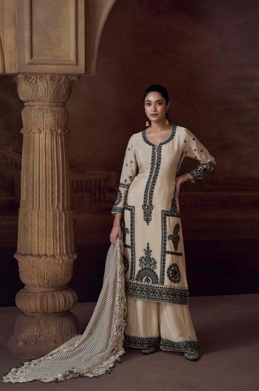 Alluring Cream Chinon Silk With Embroidery Work Pant Bottom Suit Set