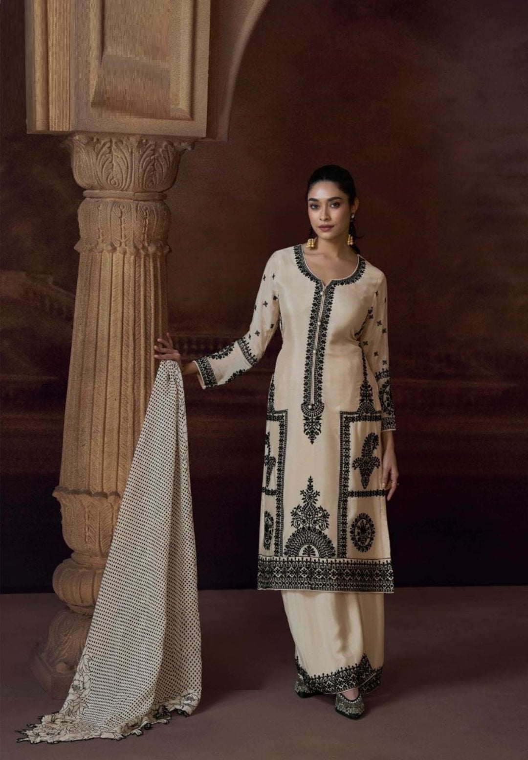 Alluring Cream Chinon Silk With Embroidery Work Pant Bottom Suit Set