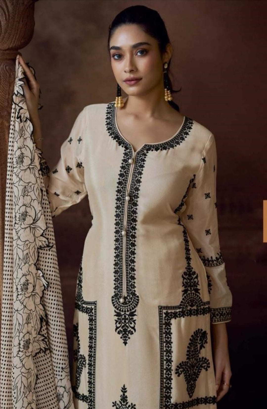 Alluring Cream Chinon Silk With Embroidery Work Pant Bottom Suit Set