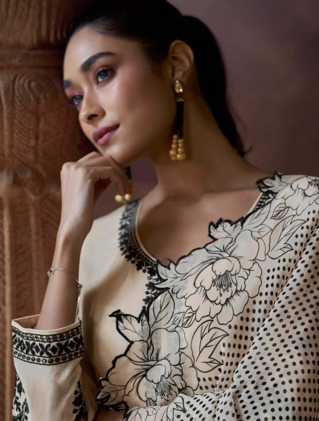 Alluring Cream Chinon Silk With Embroidery Work Pant Bottom Suit Set