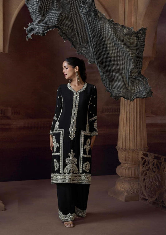 Radiant Black Chinon Silk With Embroidery Work Pant Bottom Suit Set