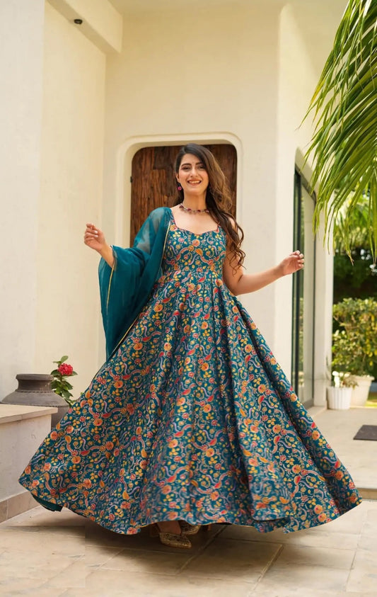 Women Multi Teal Silk Digital Print Gown With Dupatta