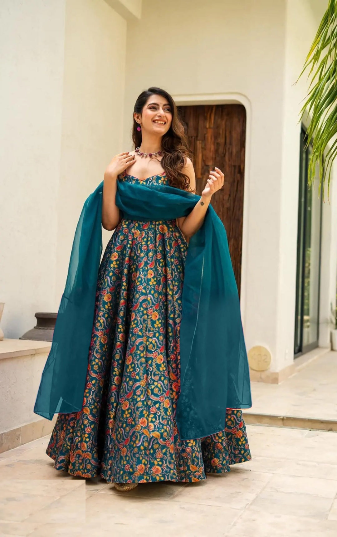 Women Multi Teal Silk Digital Print Gown With Dupatta