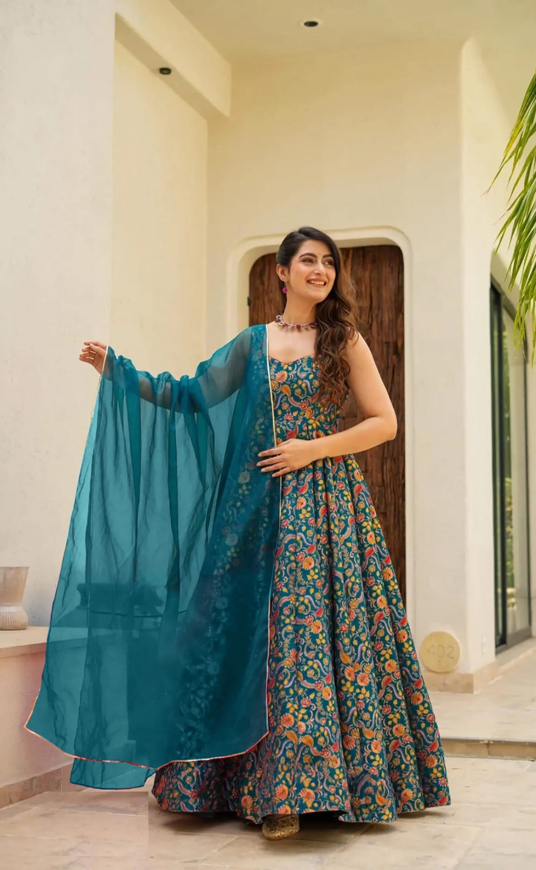 Women Multi Teal Silk Digital Print Gown With Dupatta