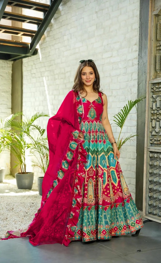Women Pink Silk Digital Print Gown With Dupatta