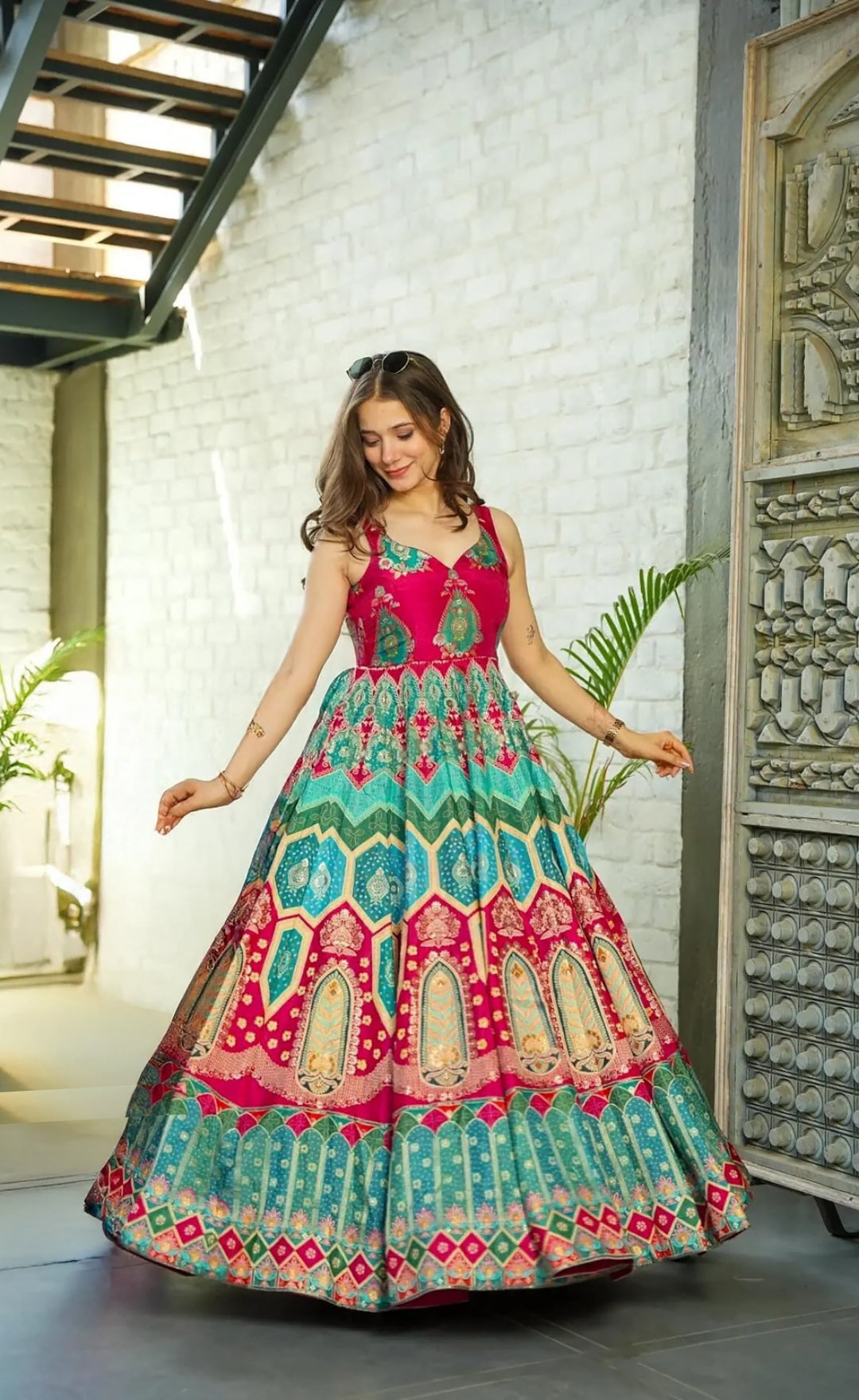 Women Pink Silk Digital Print Gown With Dupatta