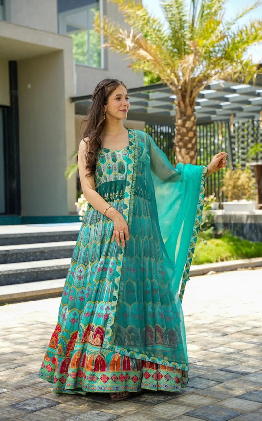Women Light Blue Silk Digital Print Gown With Dupatta