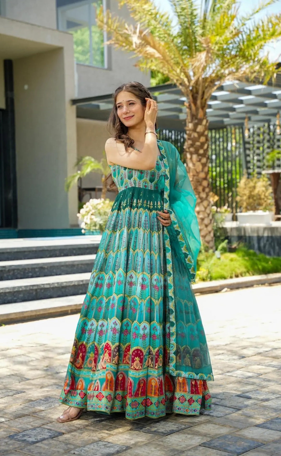 Women Light Blue Silk Digital Print Gown With Dupatta