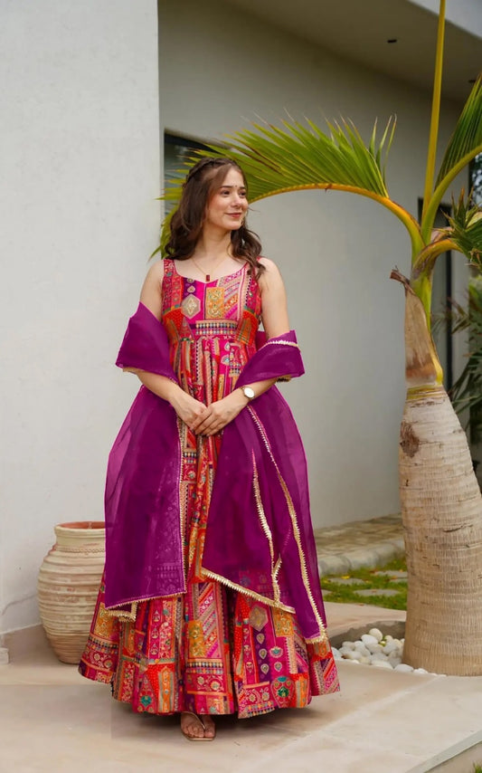 Women Multicolor Silk Digital Print Gown With Dupatta