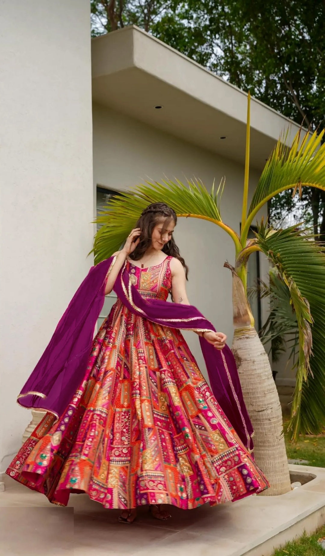 Women Multicolor Silk Digital Print Gown With Dupatta