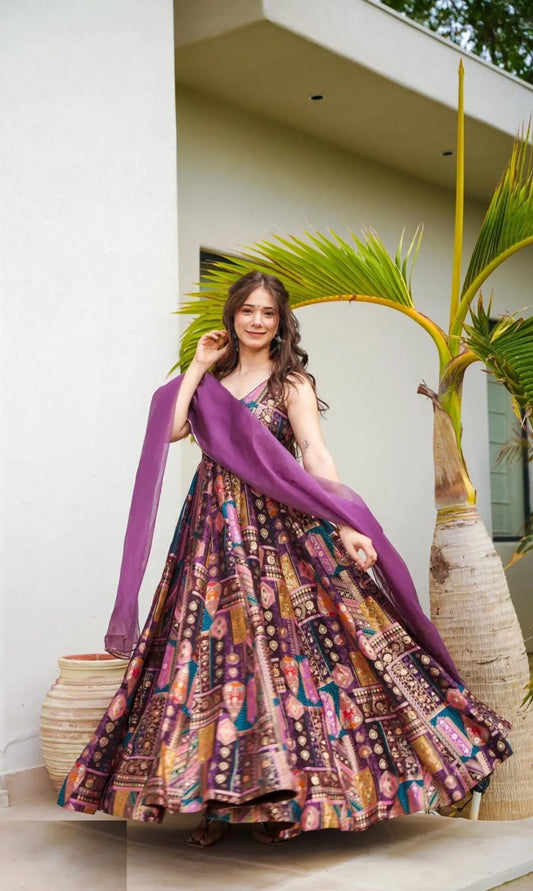Women Purple Multi Silk Digital Print Gown With Dupatta