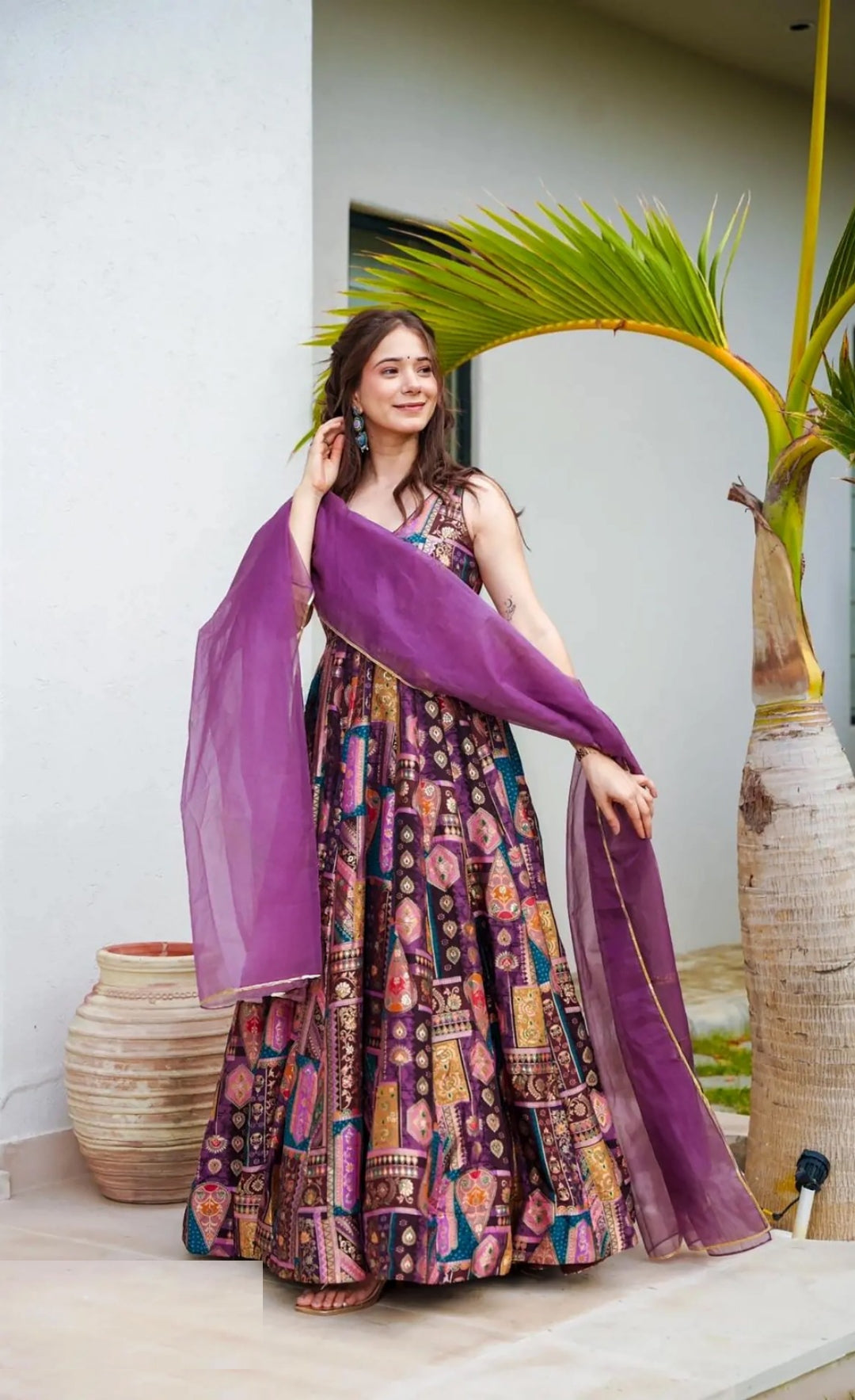 Women Purple Multi Silk Digital Print Gown With Dupatta